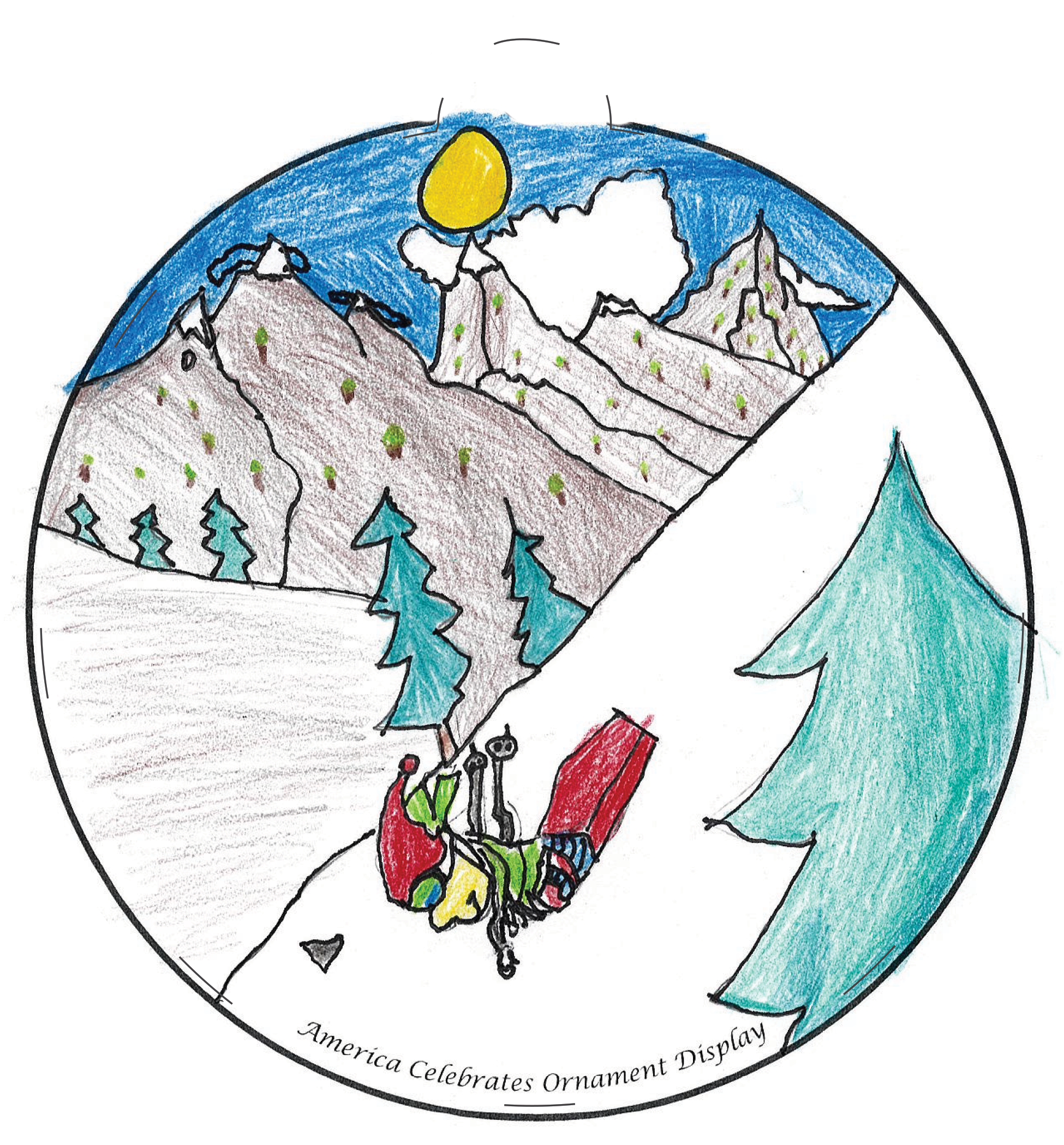 Ornament depicting elf skiing down a snowy mountain