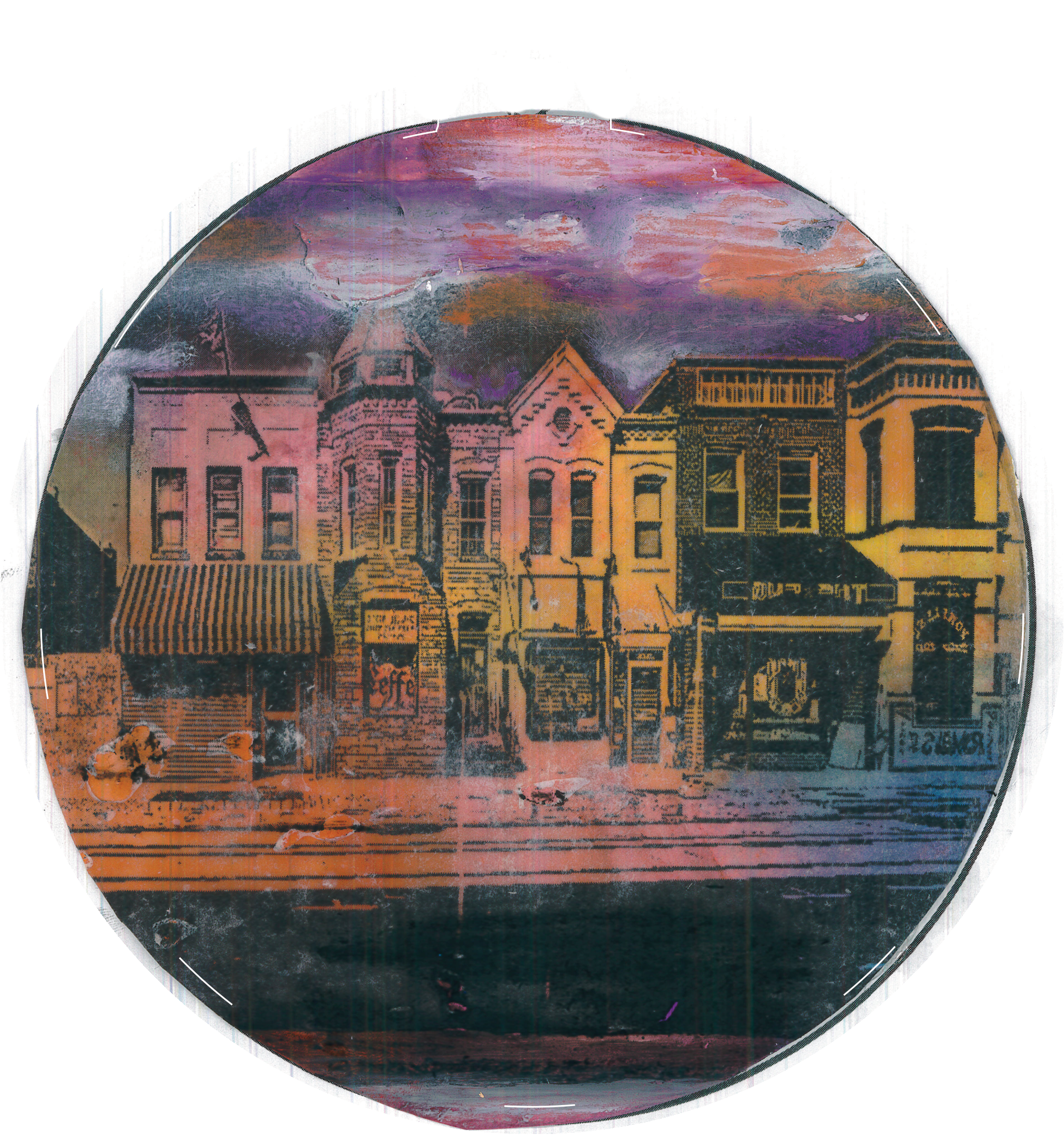 Ornament depicting a technicolor streetscape