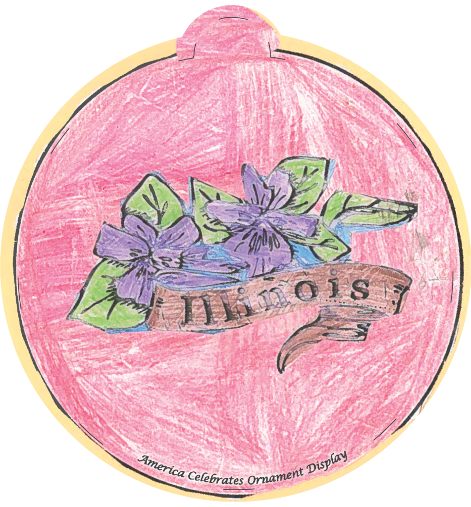 Ornament depicting purple flowers. A scroll across says "Illinois"