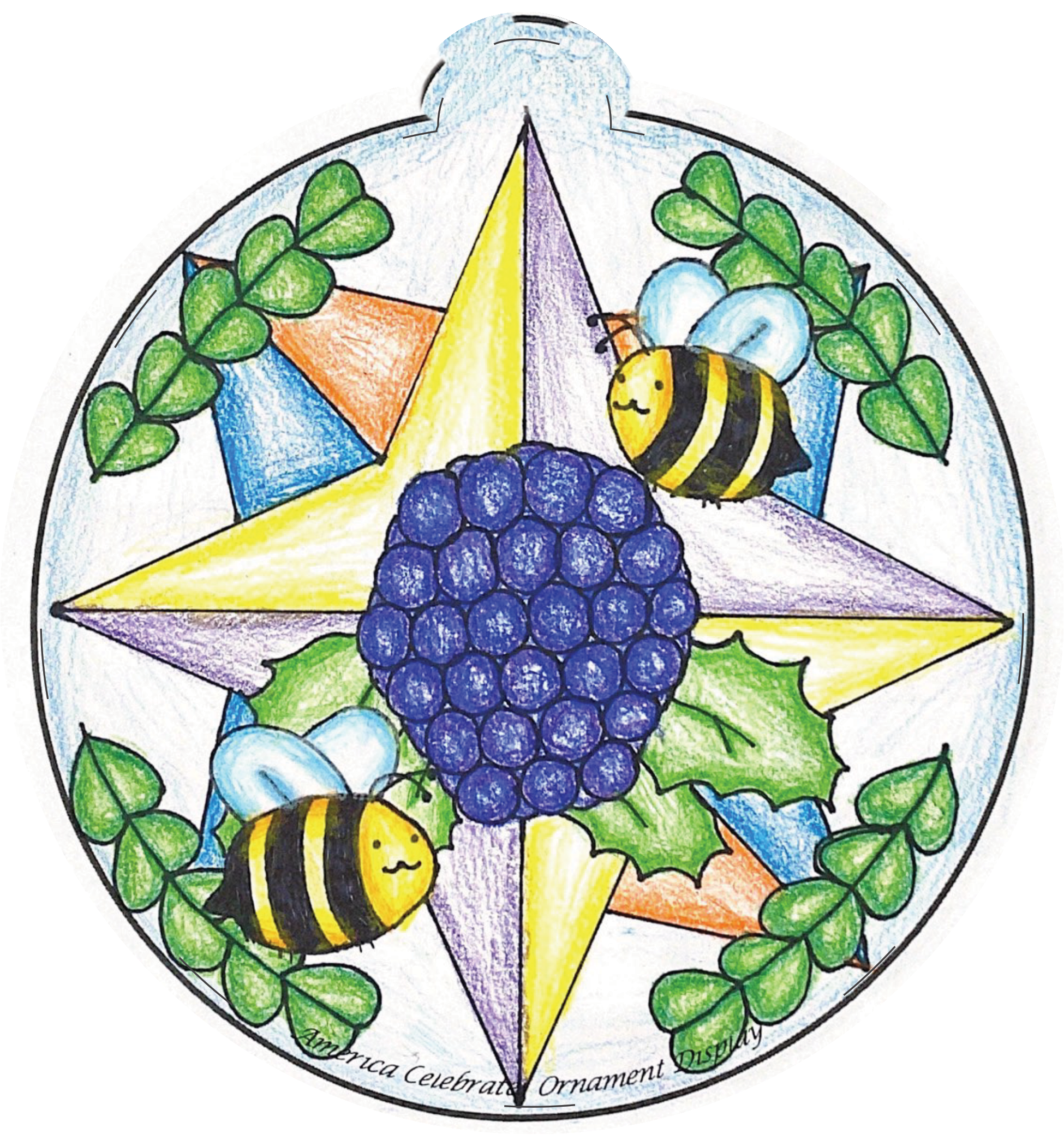 Ornament depicting a blueberry and bumblebees
