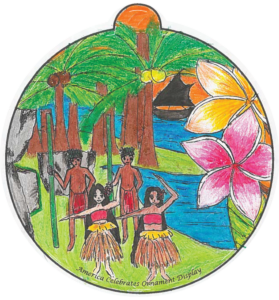 Ornament depicting people dancing in a tropical climate