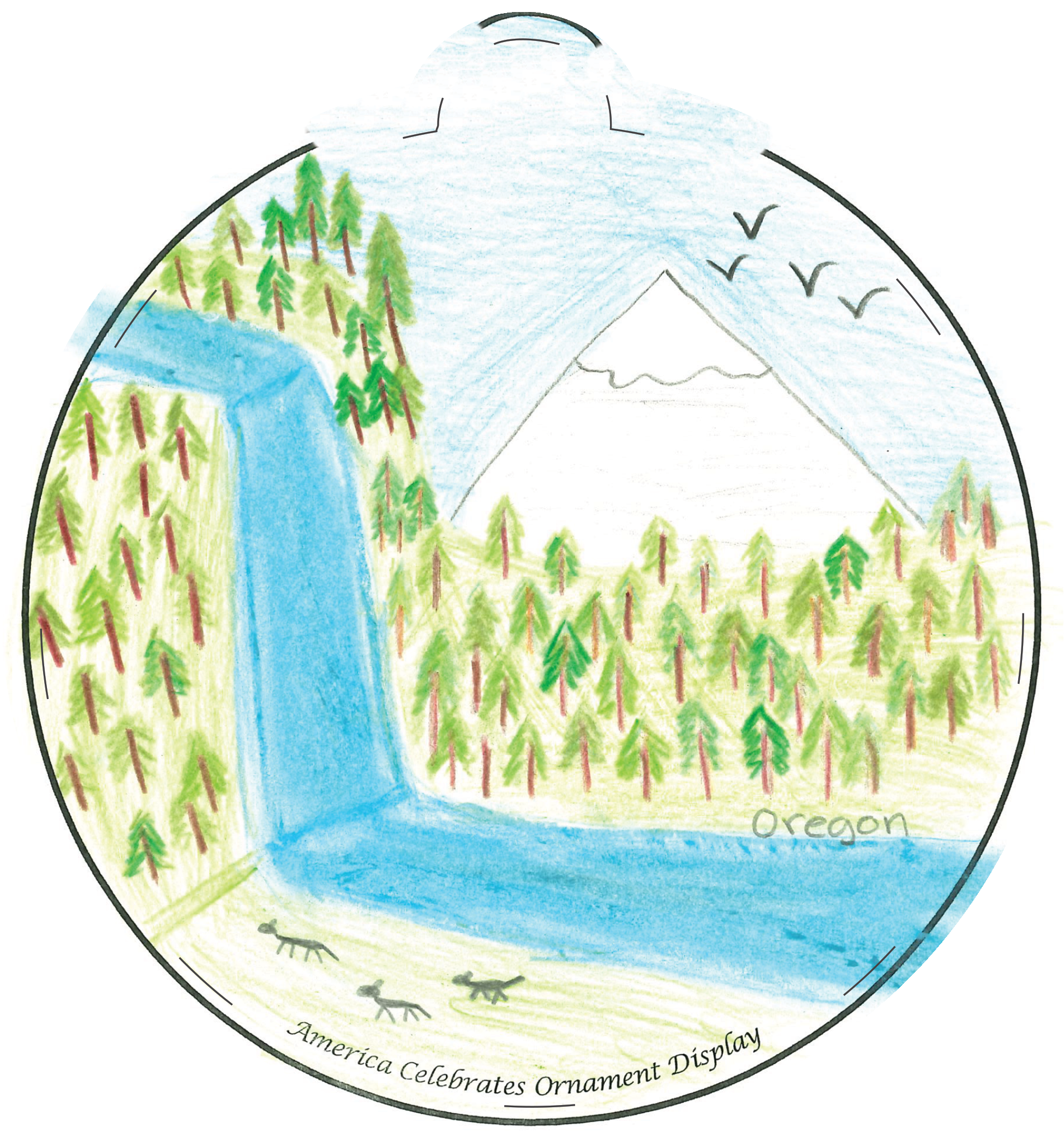 Ornament depicting a waterfall and a mountain in the distance