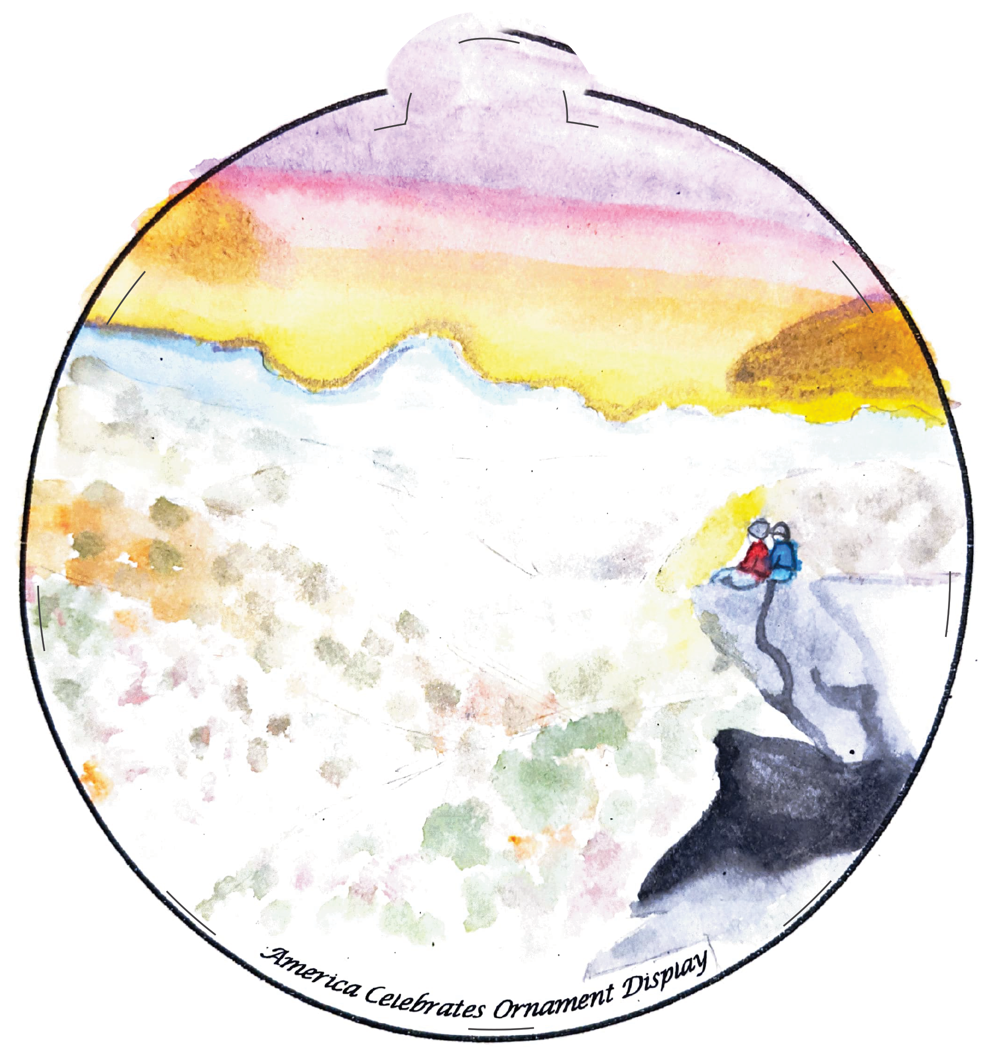 Ornament depicting two people sitting on a rock overlooking a hilly landscape