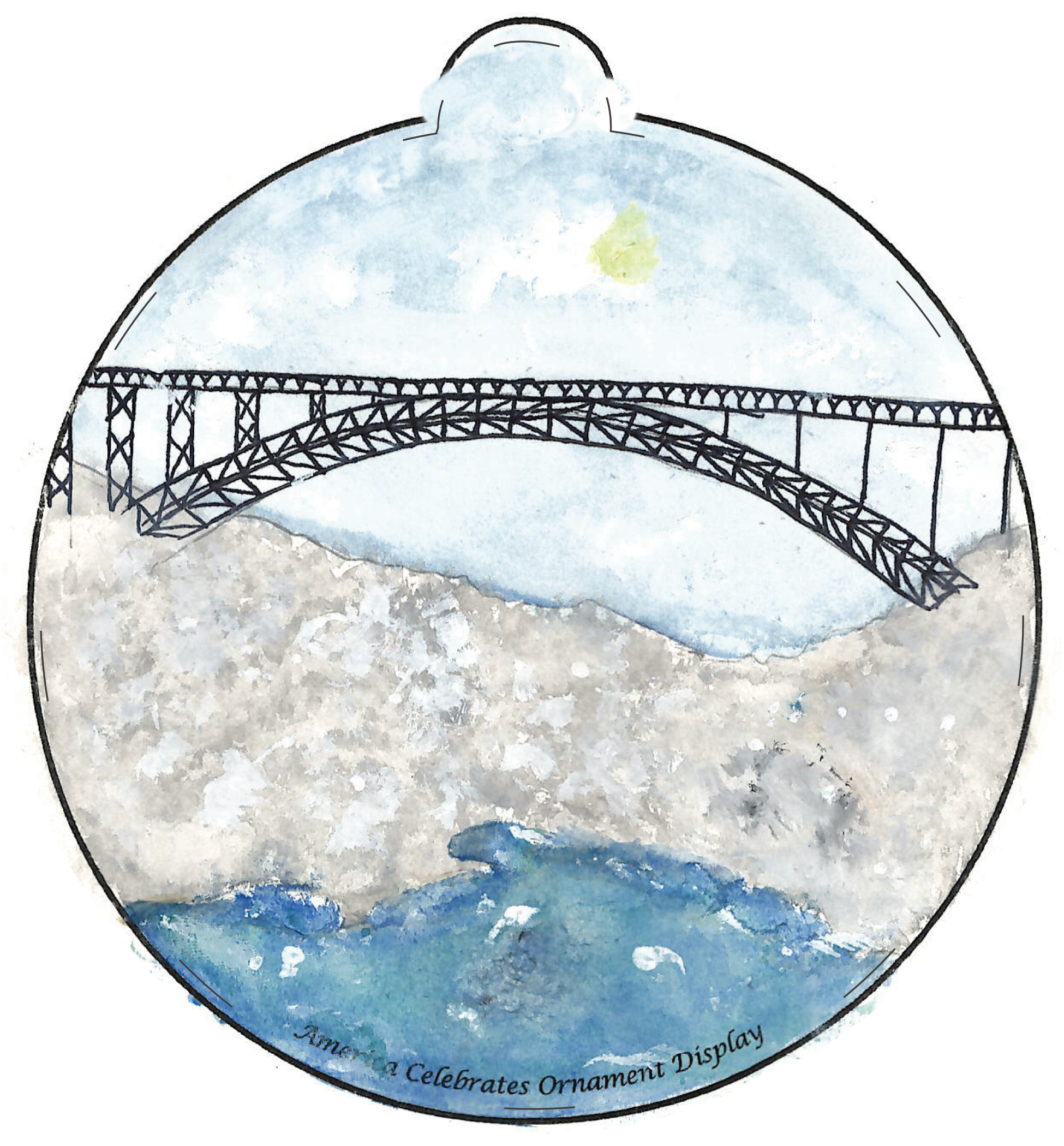 Ornament depicting a steel bridge crossing a river
