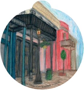 ornament depicting a streetscape