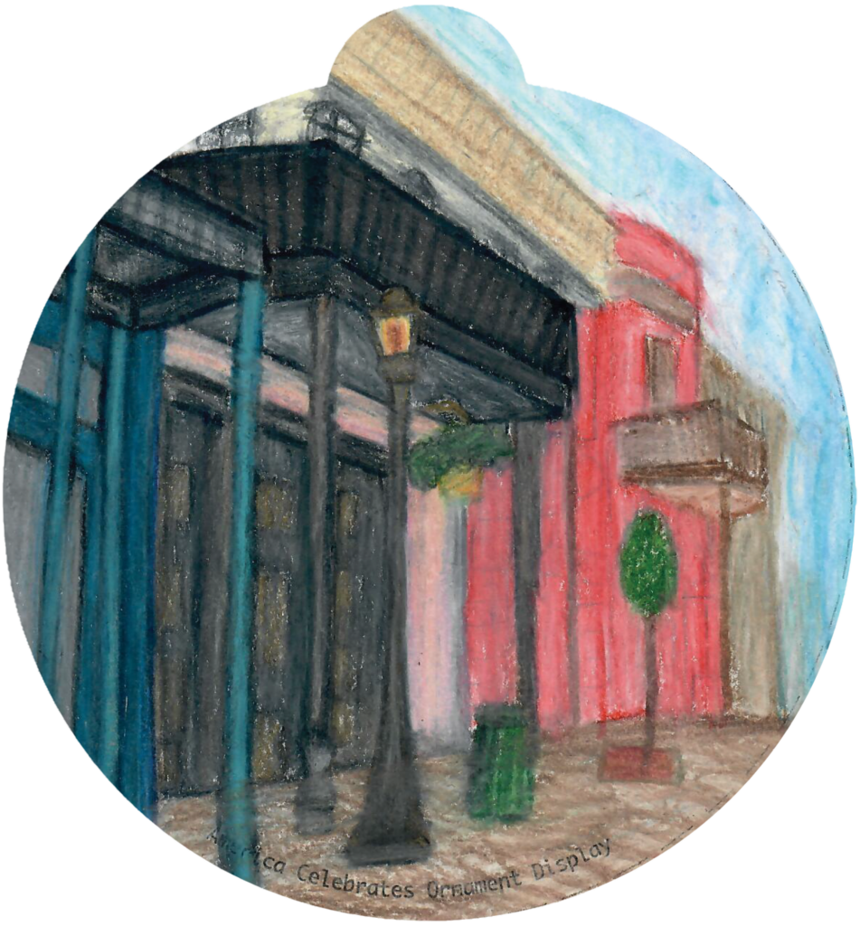 ornament depicting a streetscape