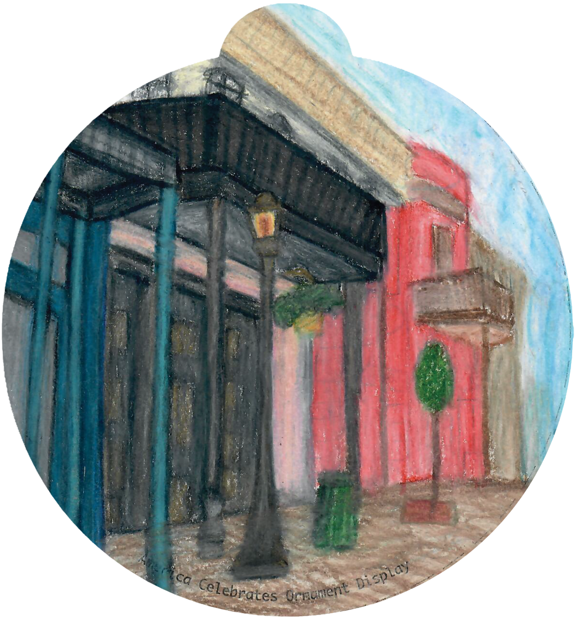 ornament depicting a streetscape