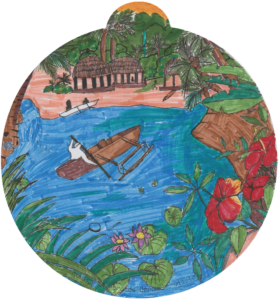 ornament depicting a boat out on the water, along a coastline