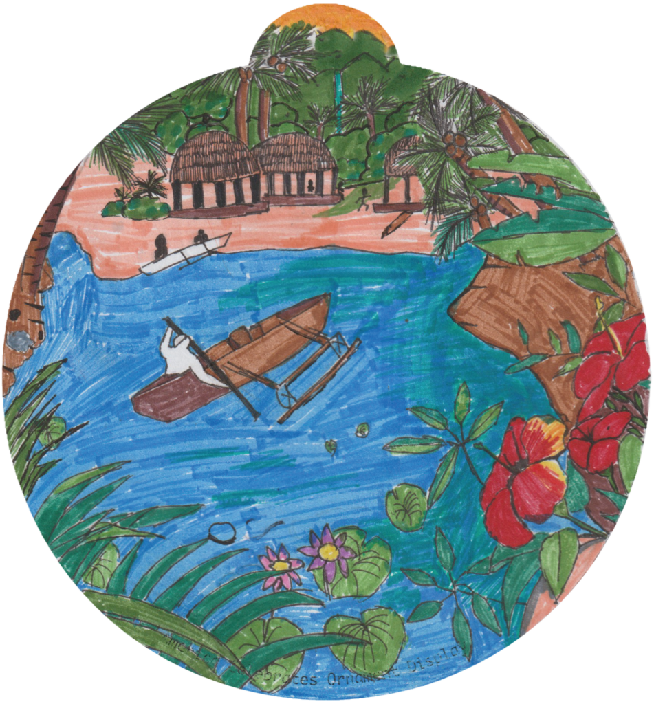 ornament depicting a boat out on the water, along a coastline