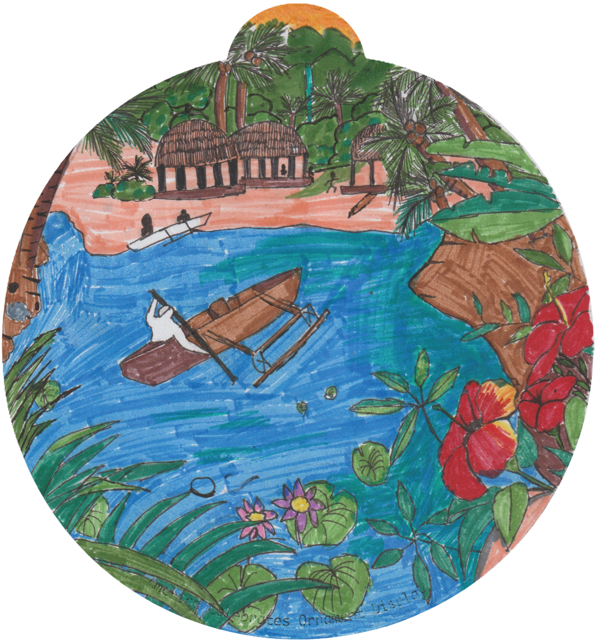 ornament depicting a boat out on the water, along a coastline