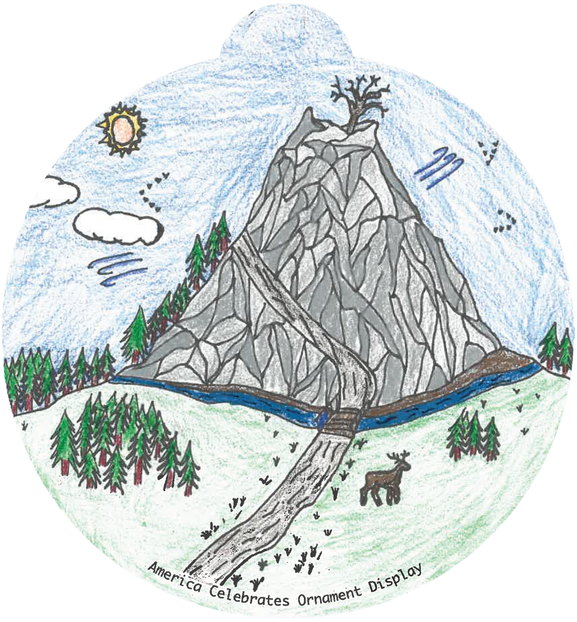 ornament depicting a trail leading up to a large stone mountain