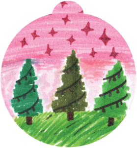 ornament depicting evergreen trees, strung with lights, against a pink starry sky
