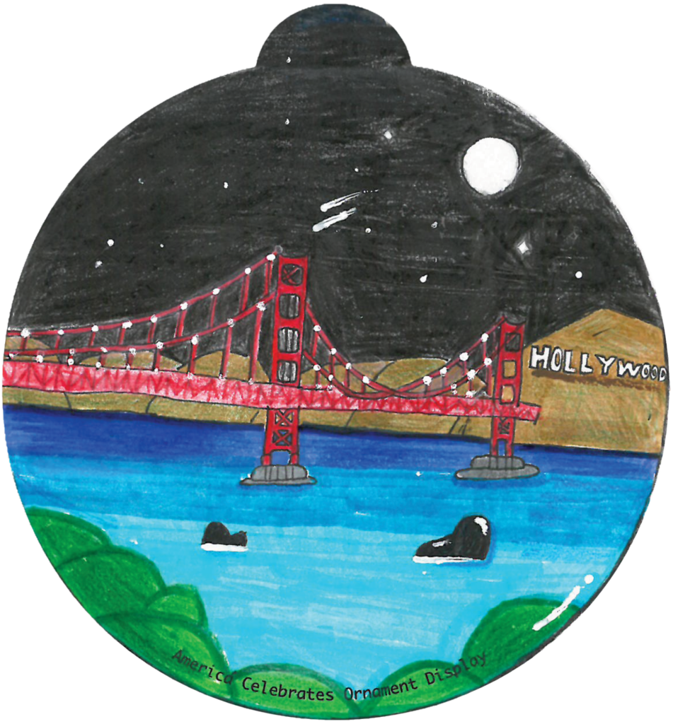ornament depicting whales in the water below the San Francisco bridge at night