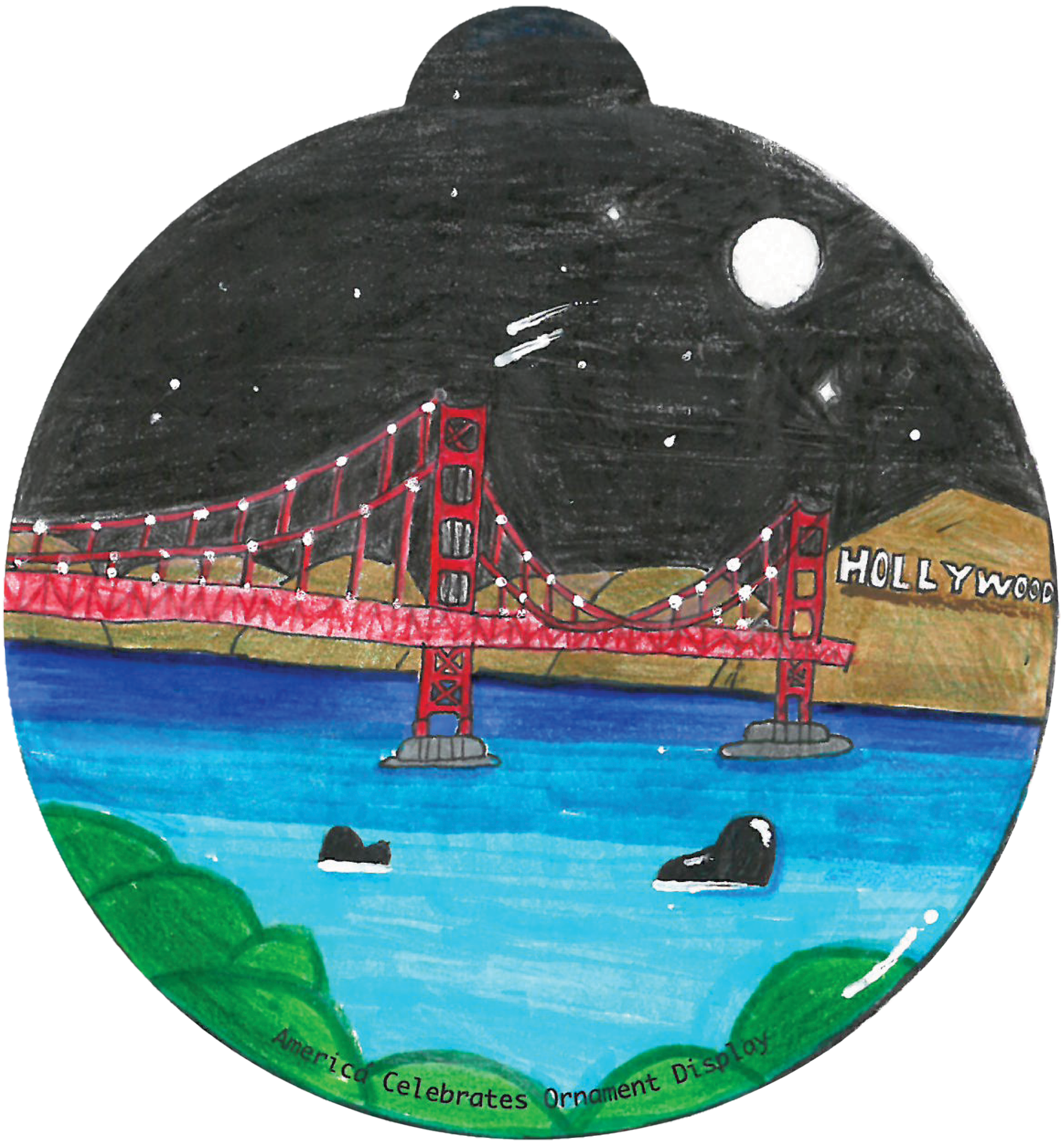 ornament depicting whales in the water below the San Francisco bridge at night