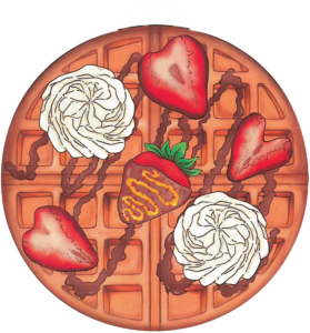 ornament depicting a Belgian waffle with strawberries and whipped cream