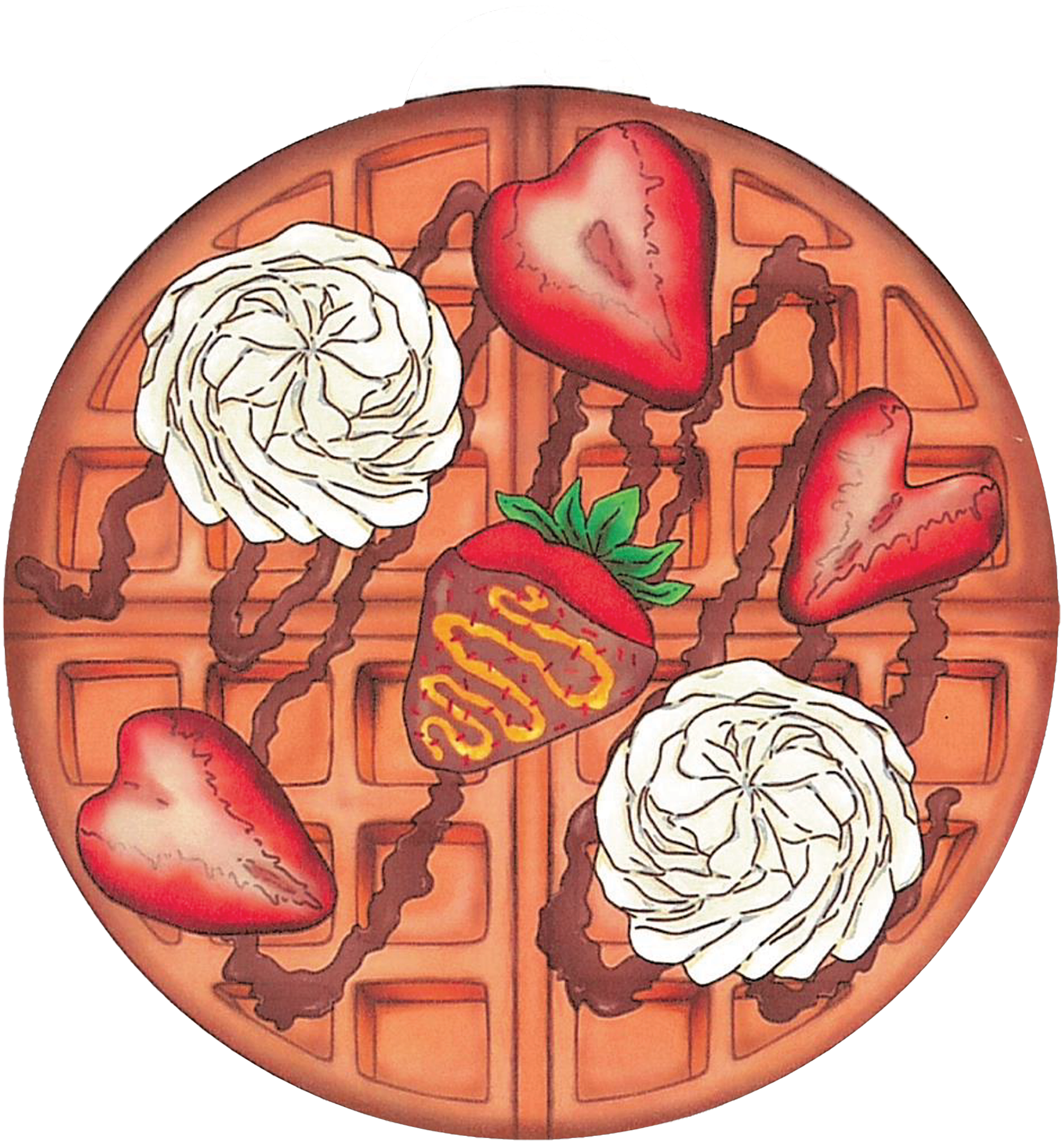 ornament depicting a Belgian waffle with strawberries and whipped cream