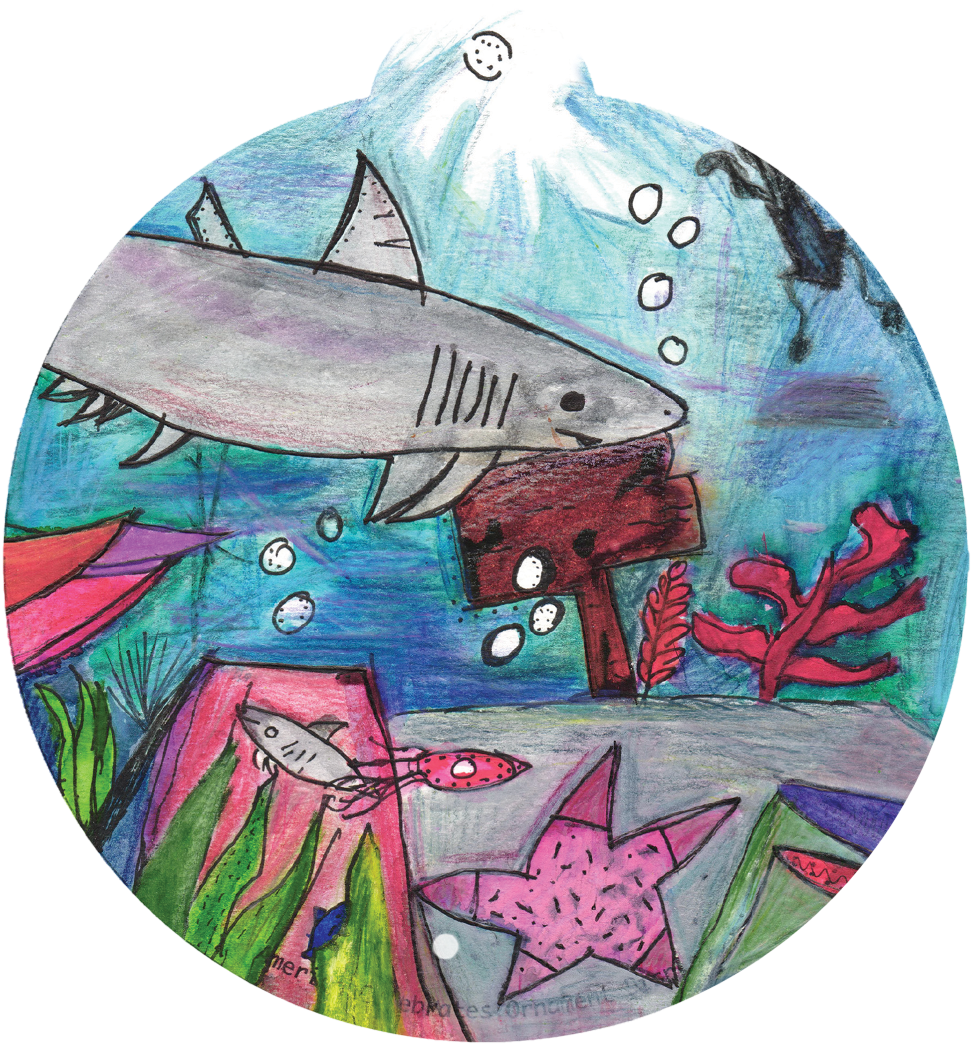 ornament depicting an underwater scene with a shark, starfish, and other fish