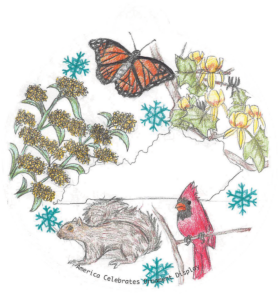 ornament depicting a cardinal, flowers, squirrel, and a monarch butterfly