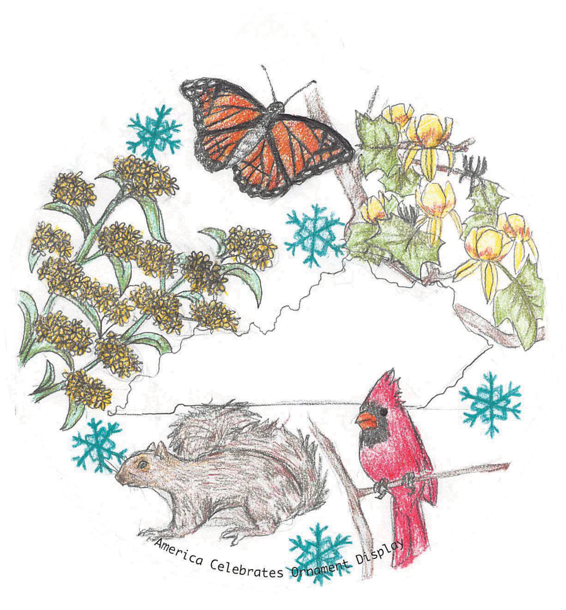 ornament depicting a cardinal, flowers, squirrel, and a monarch butterfly