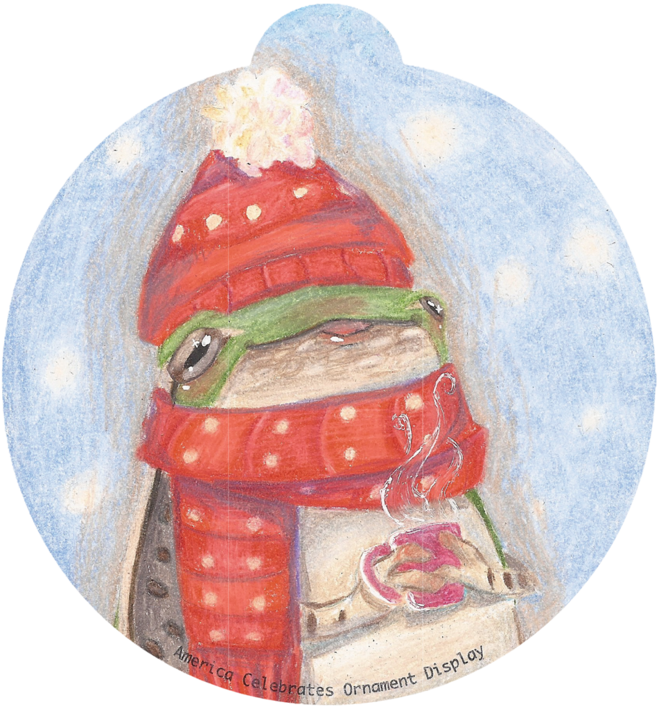ornament depicting a frog in winter garb clutching a mug of hot beverage
