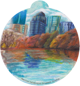 ornament depicting a cityscape of Atlanta in the autumn