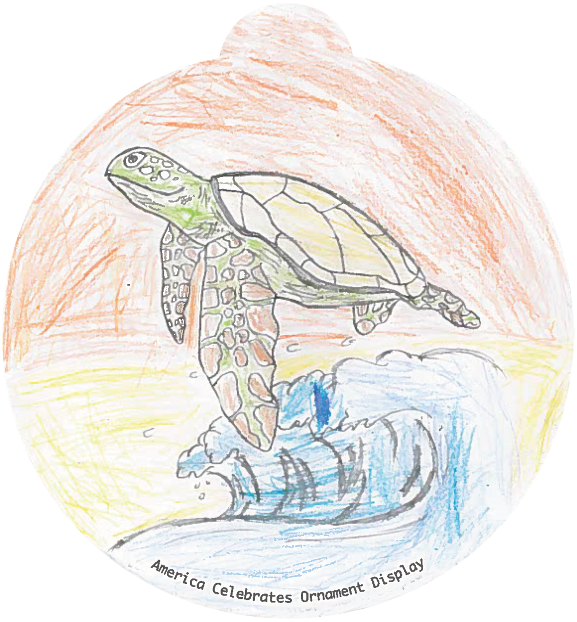 ornament depicting a sea turtle, a wave, and a sunset