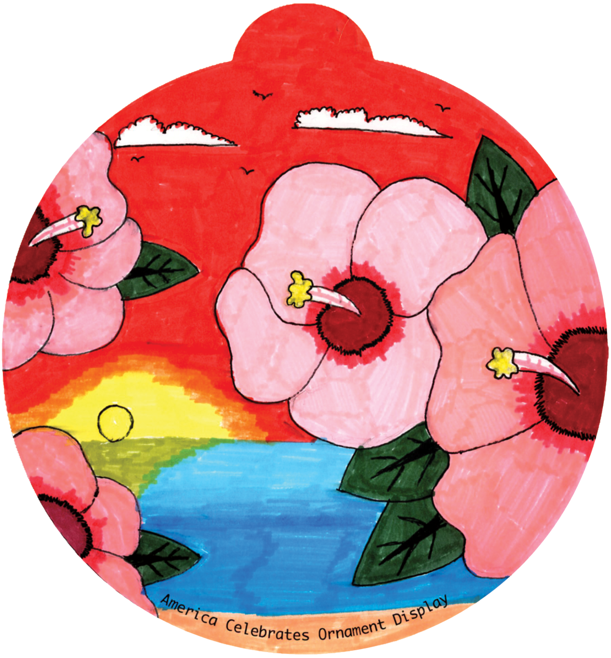 ornament depicting hibiscus flowers at sunset