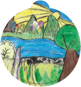 ornament depicting a river flanked by mountains and meadows