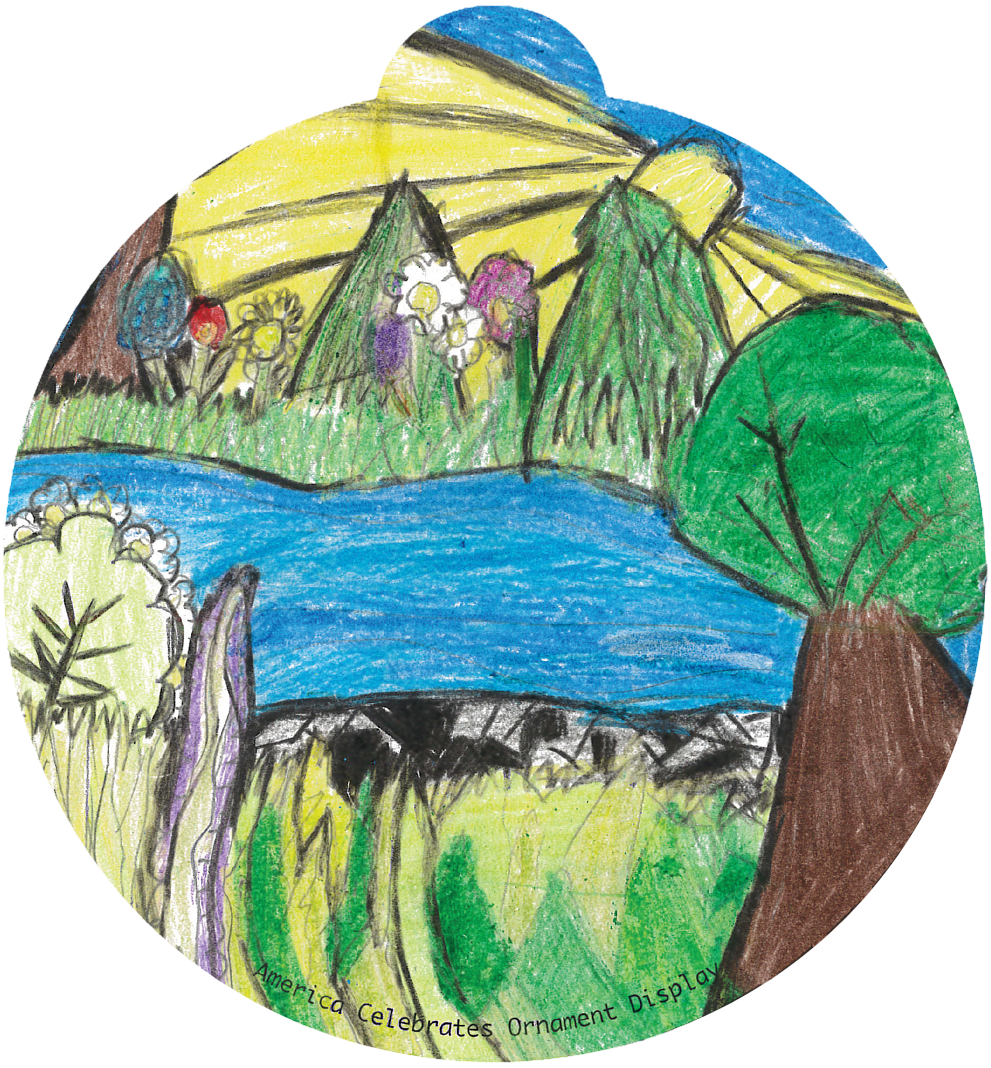 ornament depicting a river flanked by mountains and meadows
