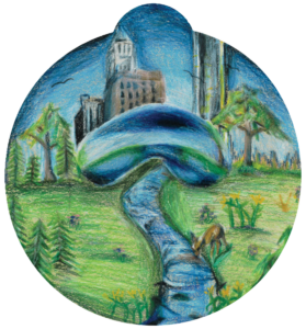 ornament depicting a river running under a silver bean, set against the backdrop of the Chicago skyline