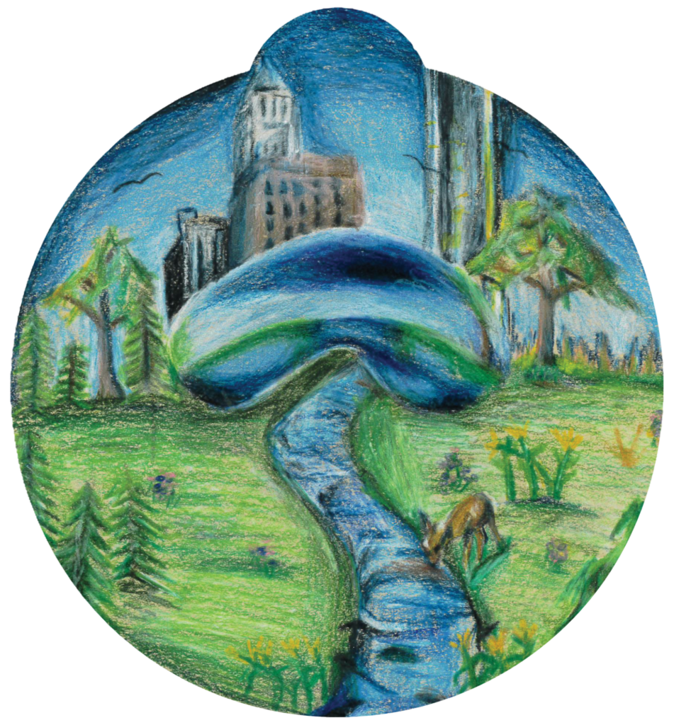 ornament depicting a river running under a silver bean, set against the backdrop of the Chicago skyline