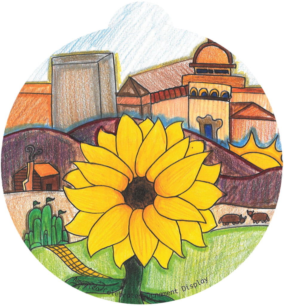 ornament depicting a sunflower, mountains, a sunrise, and various types of architecture