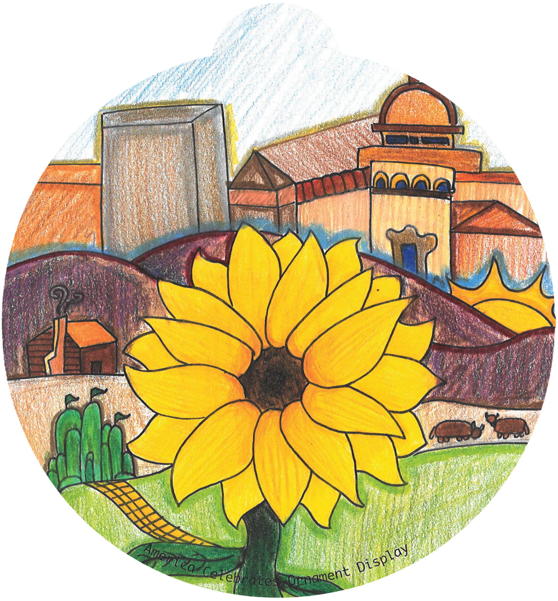 ornament depicting a sunflower, mountains, a sunrise, and various types of architecture