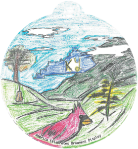 ornament depicting a cardinal, rolling hills, and in the distance, the outline of Kentucky