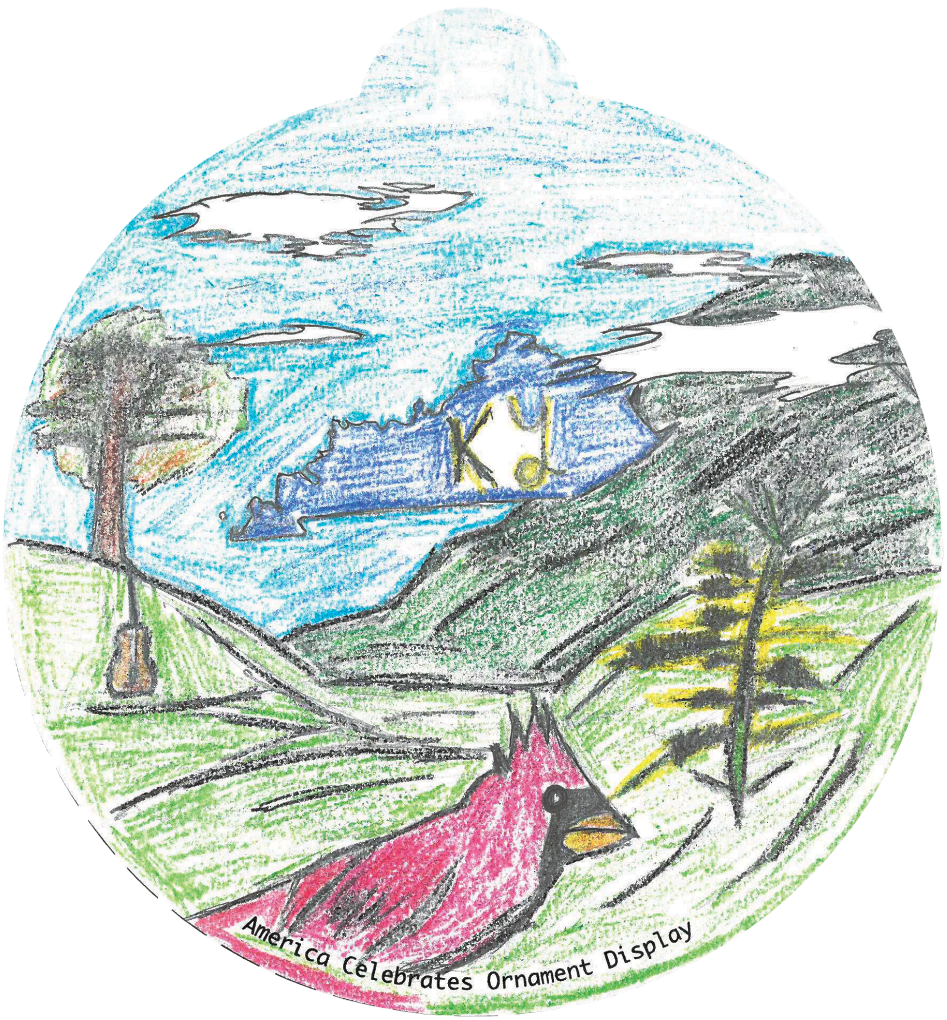 ornament depicting a cardinal, rolling hills, and in the distance, the outline of Kentucky