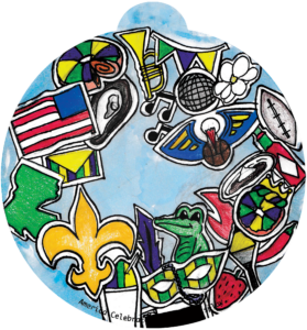 ornament depicting many various symbols of Louisiana, including an alligator, a fleur de lis, a king cake, music notes, and a football
