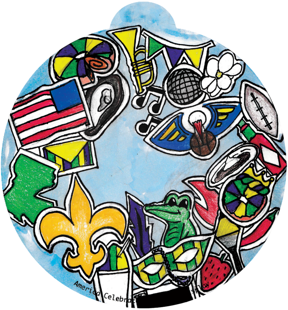 ornament depicting many various symbols of Louisiana, including an alligator, a fleur de lis, a king cake, music notes, and a football