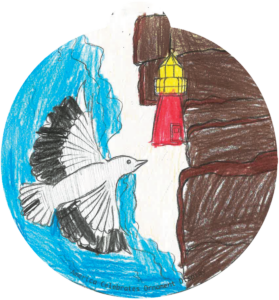 ornament depicting a seagull flying over the ocean to a shoreline, featuring a lighthouse