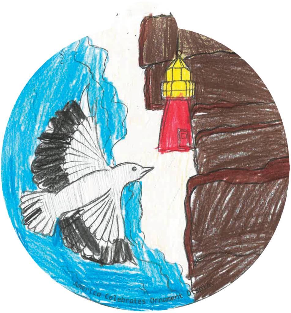 ornament depicting a seagull flying over the ocean to a shoreline, featuring a lighthouse
