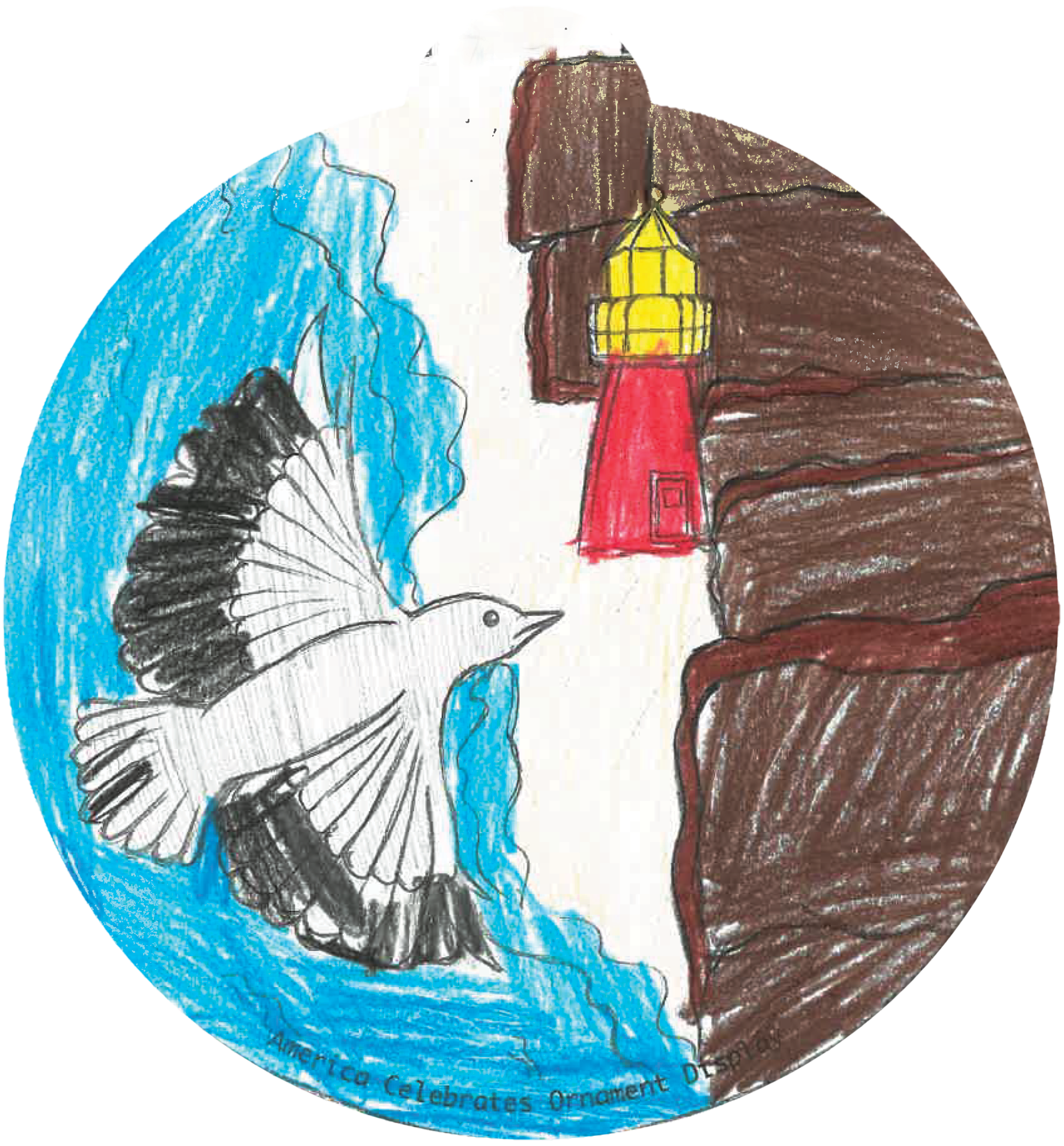 ornament depicting a seagull flying over the ocean to a shoreline, featuring a lighthouse