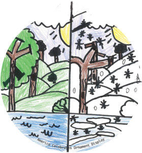 ornament depicting the same scene of trees and a lake at summer then in winter