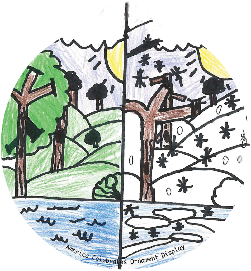ornament depicting the same scene of trees and a lake at summer then in winter