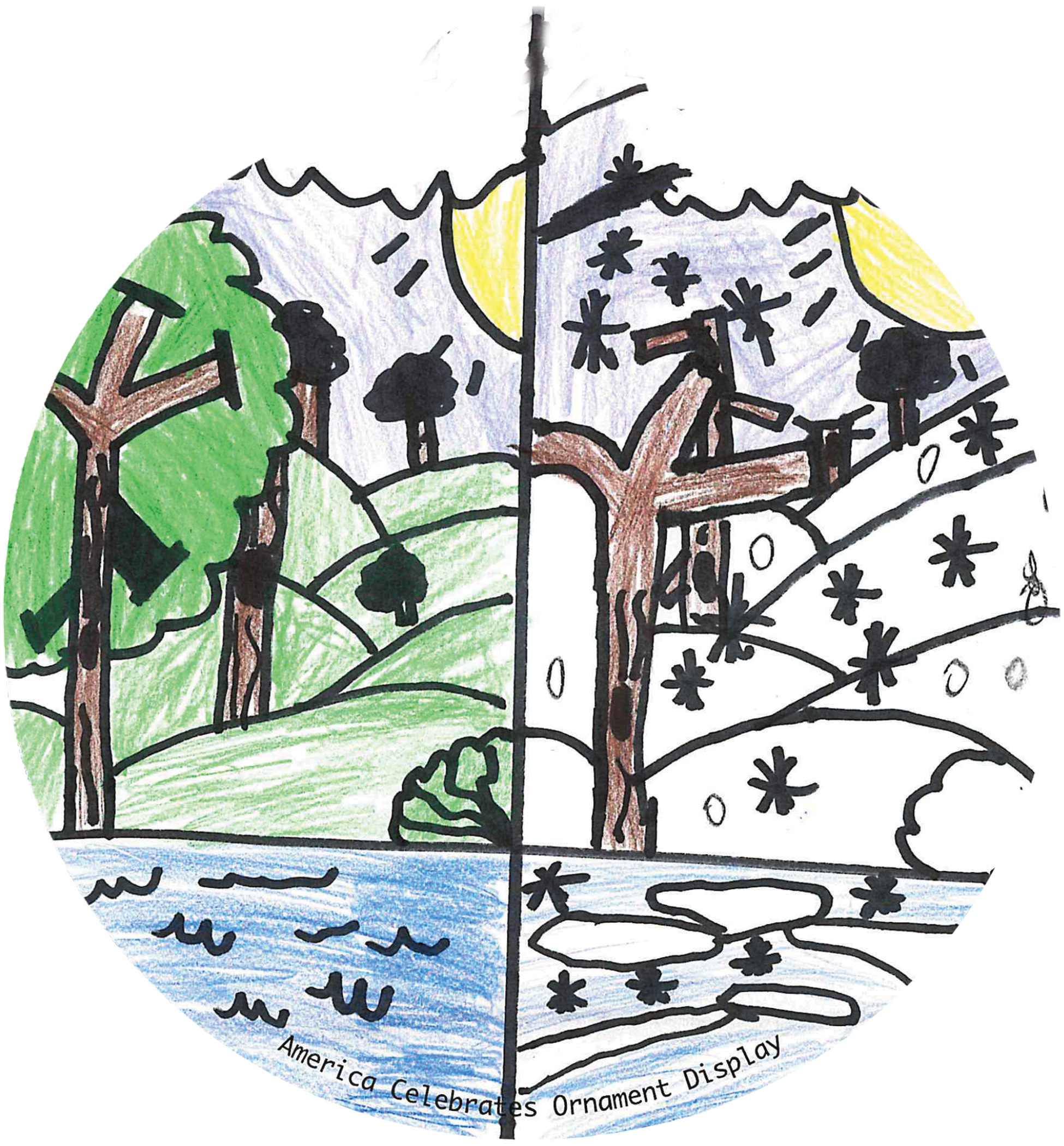 ornament depicting the same scene of trees and a lake at summer then in winter