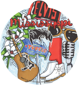 ornament depicting various symbols of Mississippi, including magnolia flowers, a guitar, sunglasses, and Elvis' hair