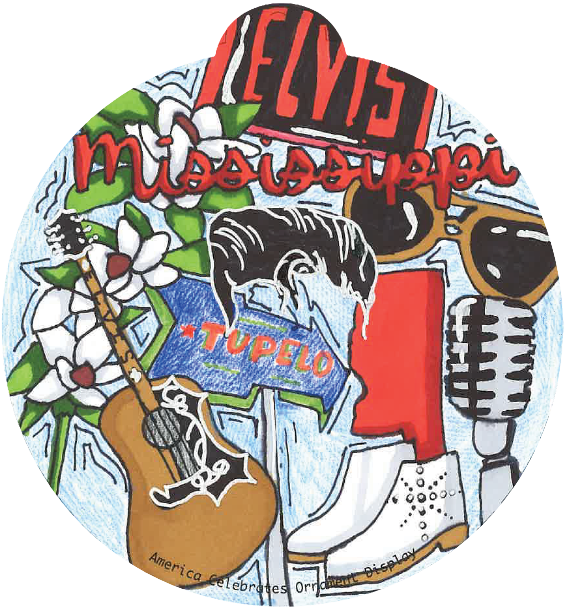 ornament depicting various symbols of Mississippi, including magnolia flowers, a guitar, sunglasses, and Elvis' hair