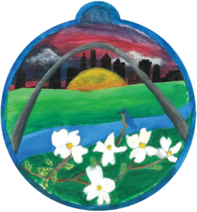 ornament depicting flowers blooming, the St. Louis arch, a sunrise, and a city skyline