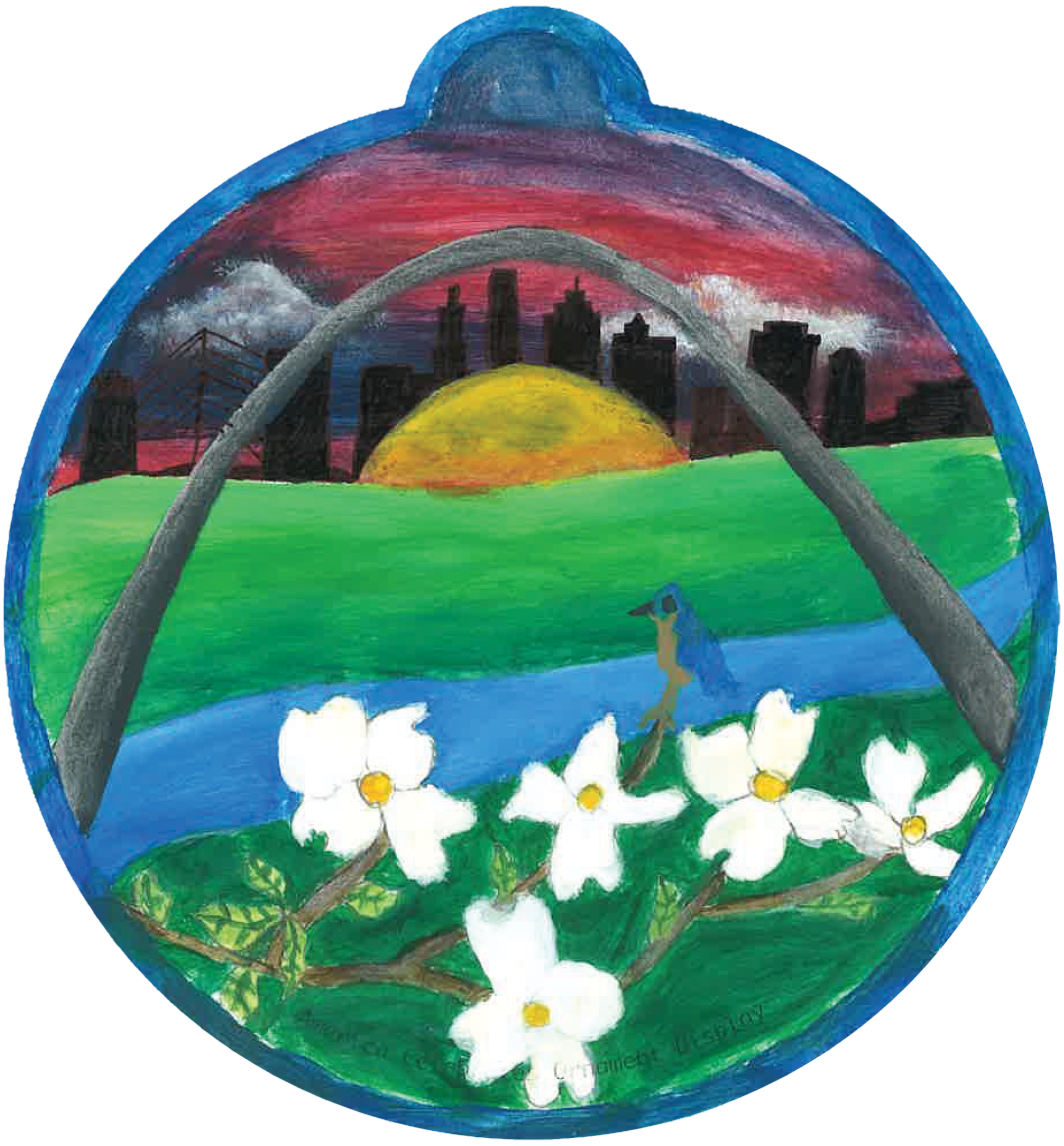 ornament depicting flowers blooming, the St. Louis arch, a sunrise, and a city skyline