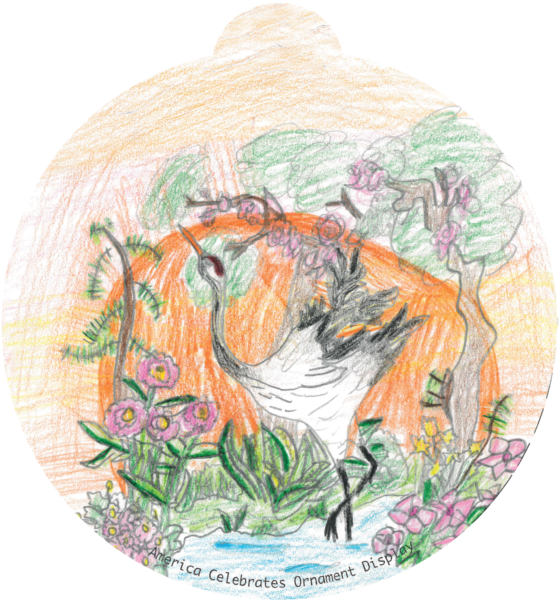 ornament depicting a crane against a sunset