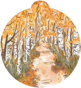 ornament depicting a path leading up through birch trees with orange leaves