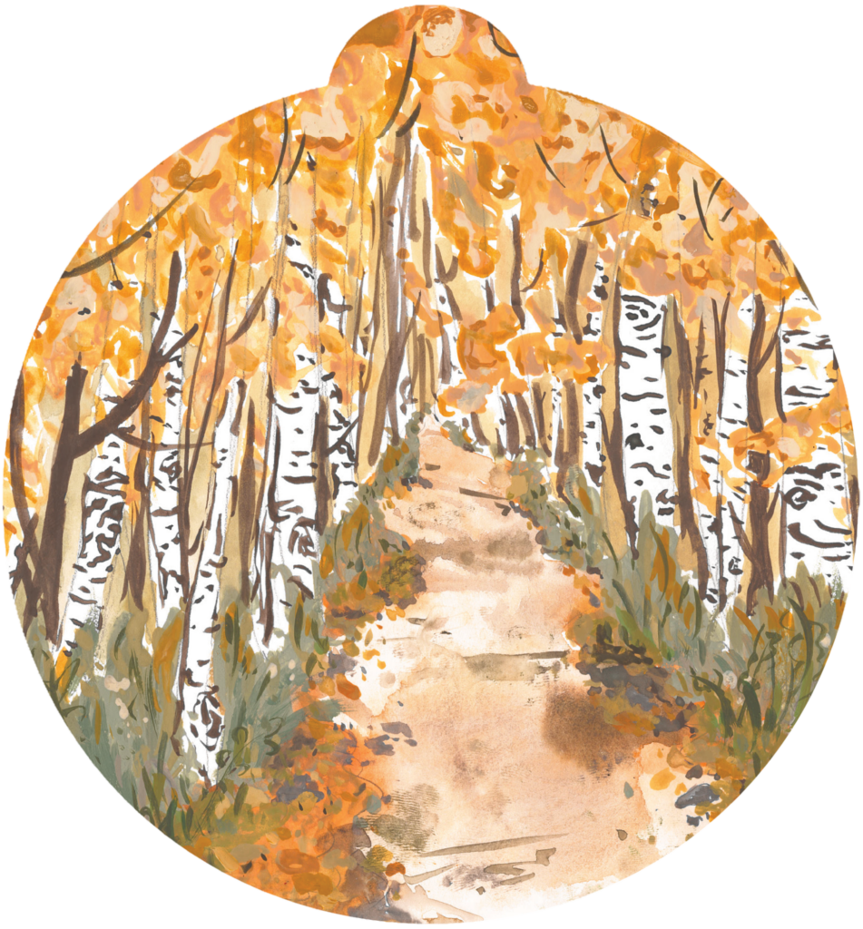 ornament depicting a path leading up through birch trees with orange leaves